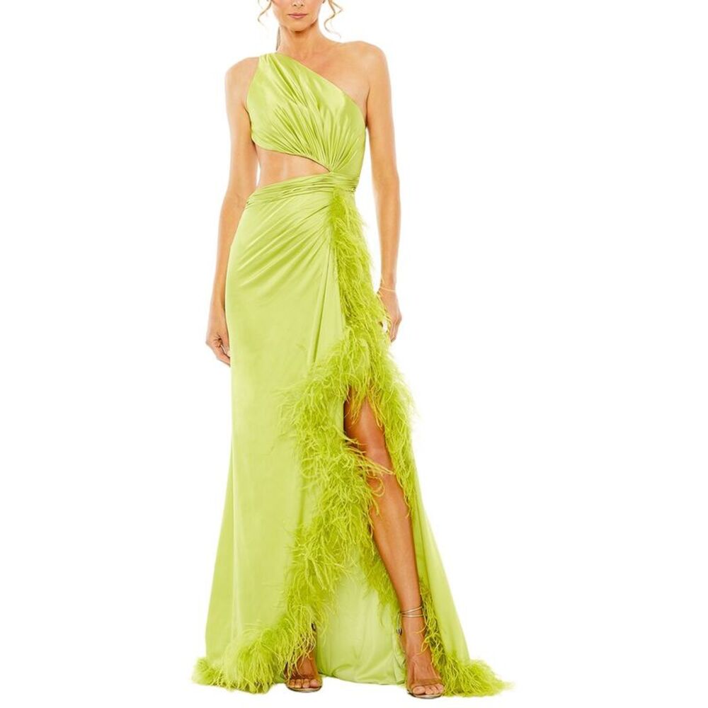 Mac Duggal Lime Green One-Shoulder Feather Trim Maxi Dress